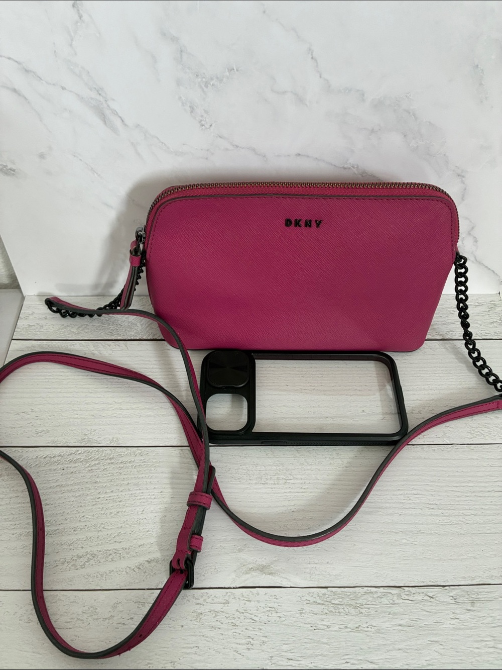 DKNY Fuchsia Crossbody Phone Bag with Chain-Accent Strap